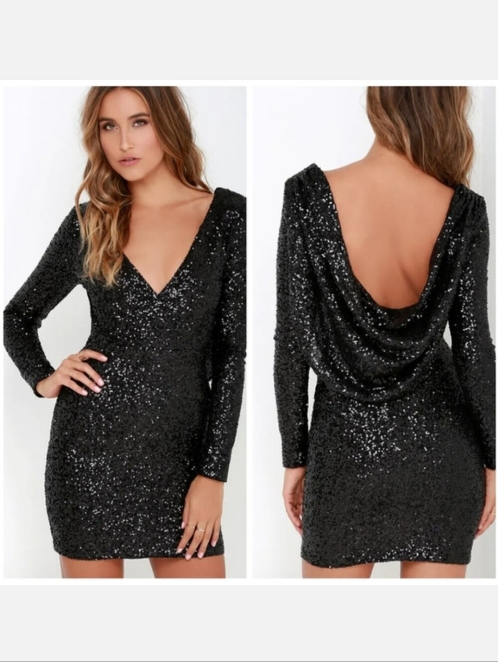 Lulu's Elegant Black Sequins Drape Back Mini Dress Women's Size Small